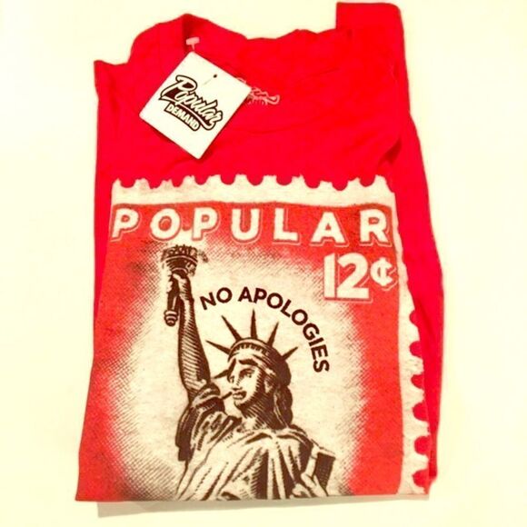 NWT Red Statue of Liberty ‘No Apologies’ Stamp T-shirt by Popular Demand, Size M - Picture 1 of 6